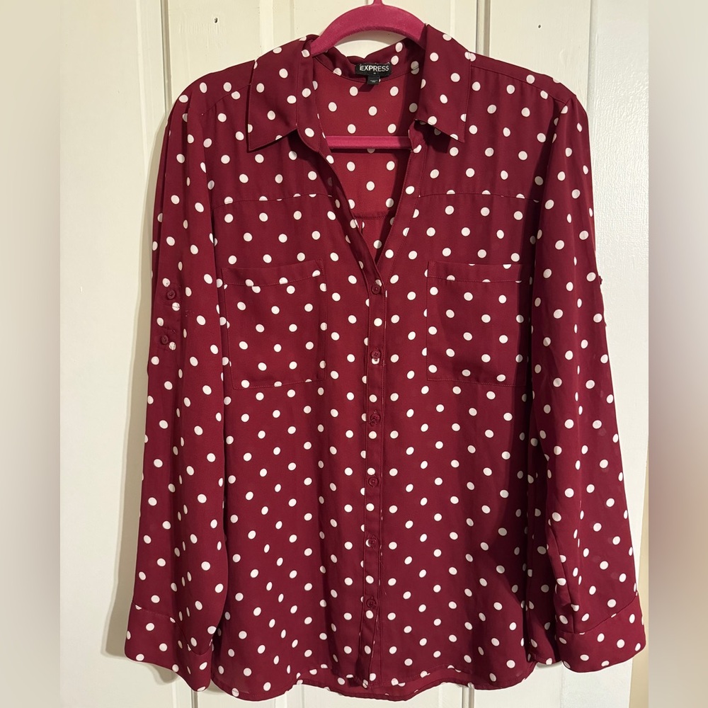 Express Burgundy Polka Dot Button-Down Shirt